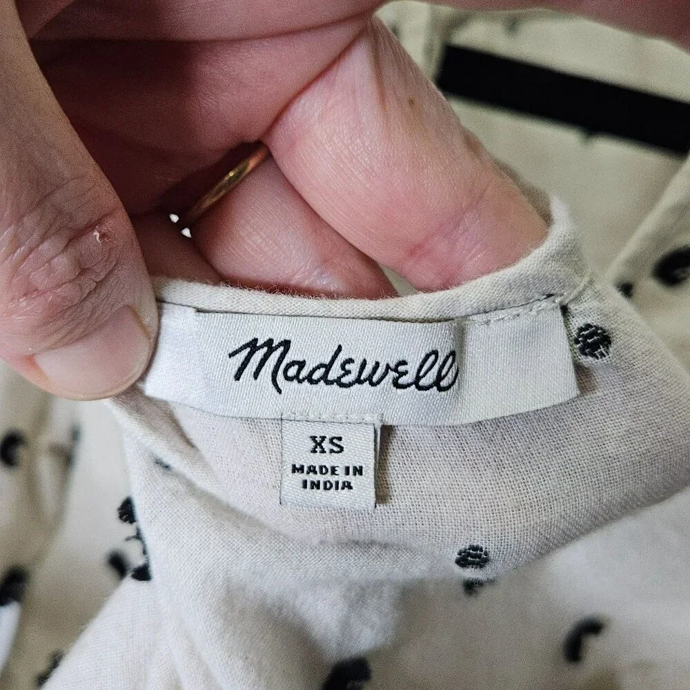 Madewell Womens XS Cream Black Polka Dot Puff Sleeve Top Basic Whimsy Whimsigoth
